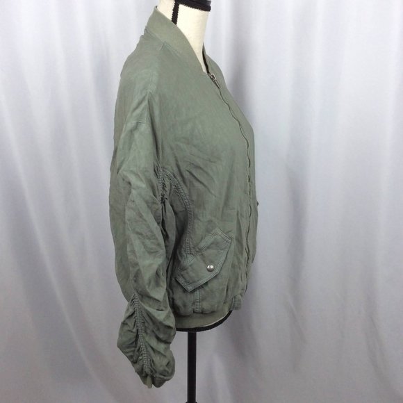 Free People Bomber Jacket Womens Size XS Linen Olive Green Ruched Oversized - Picture 5 of 11